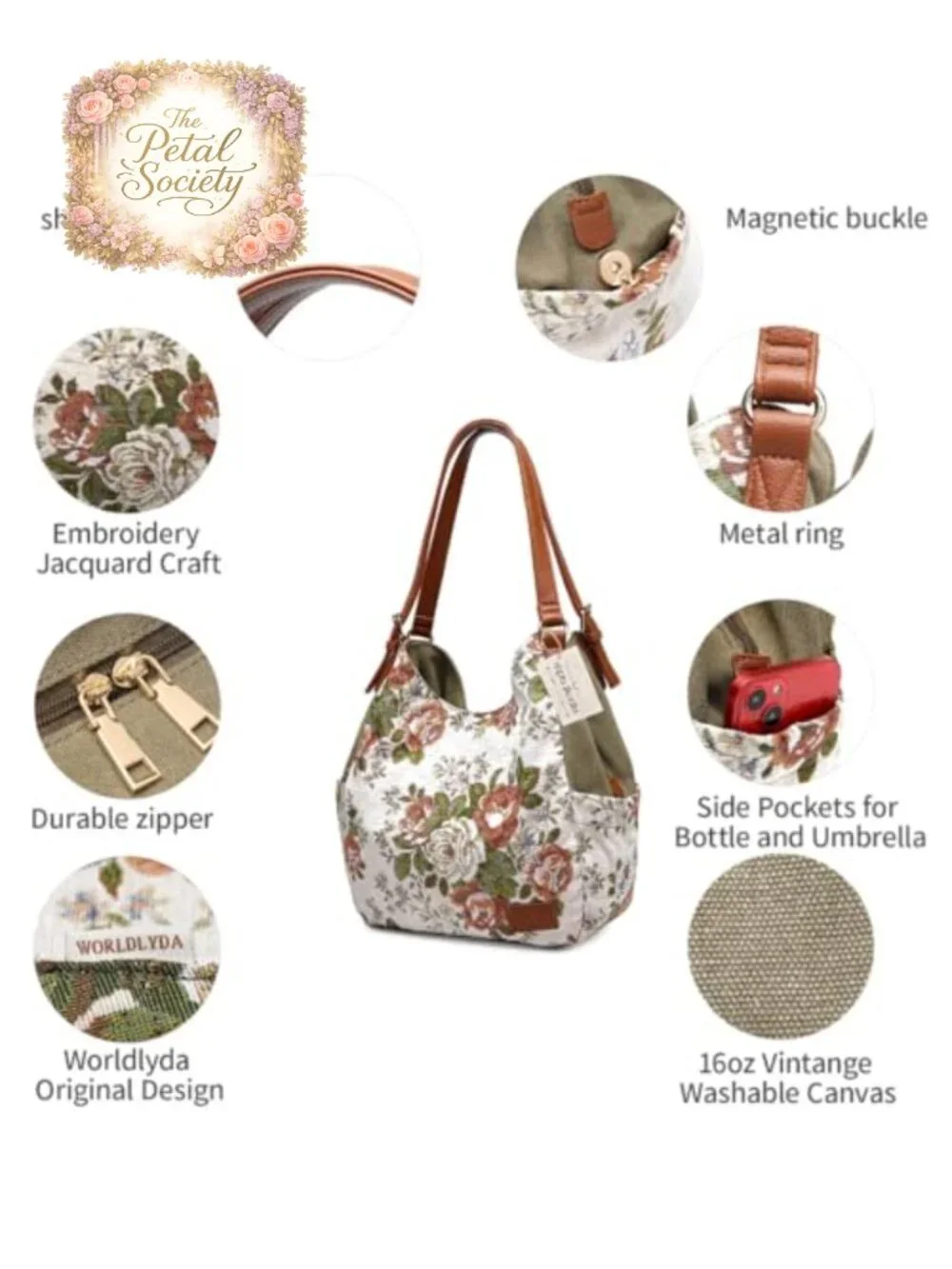 Women Canvas Hobo Purse Multi Pocket Tote Shopper Shoulder Bag with Embroidery